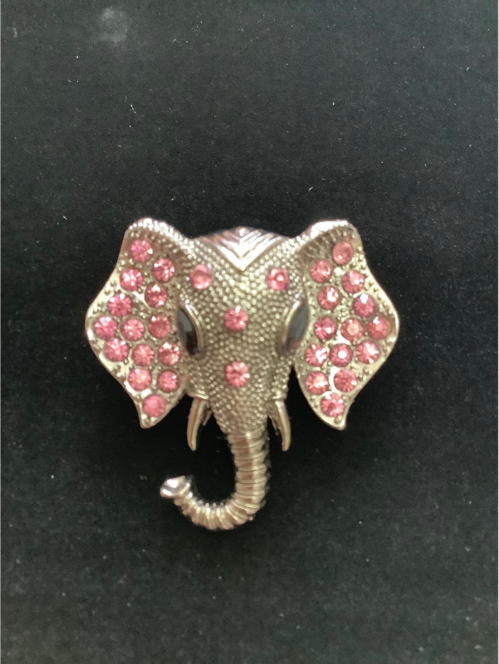 Gold Tone Elephant Head Brooch Pin Pink Rhinestone Ears Curled Trunk Figural